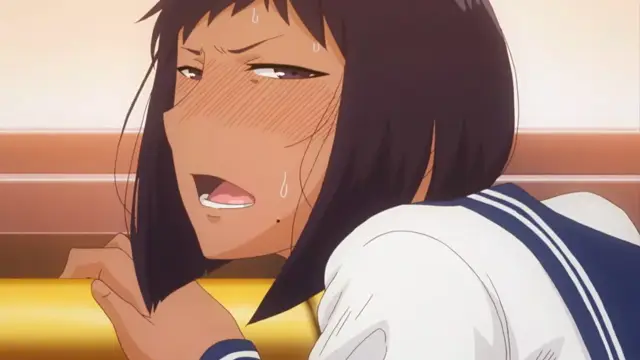 A blushing, sweating anime girl with dark hair looks on with a dazed, ahegao-like expression while watching another girl in a school uniform from behind. Screenshot from Inmou - Episode 2