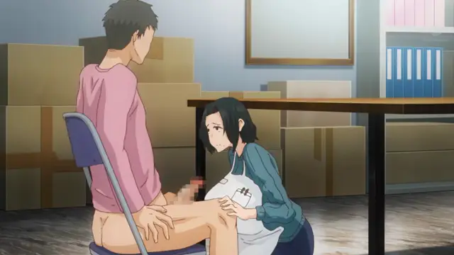 A man in a pink shirt sits on a chair facing a woman who is kneeling on the floor and servicing his crotch with her mouth in a room filled with cardboard boxes. Screenshot from Inmou - Episode 2