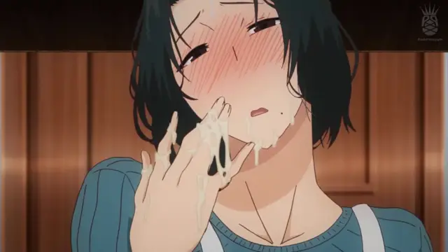 A blushing anime girl with short black hair and a dazed expression has white fluid dripping from her mouth and onto her hand. Screenshot from Inmou - Episode 2