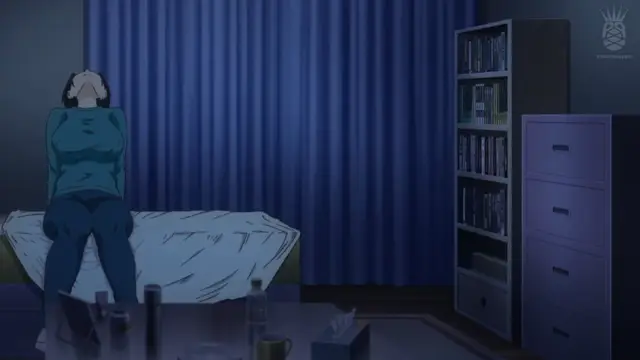A woman with long dark hair sits on a sofa with her head tilted back and eyes closed, looking exhausted or overwhelmed in a room with blue curtains and a bookshelf. Screenshot from Inmou - Episode 2