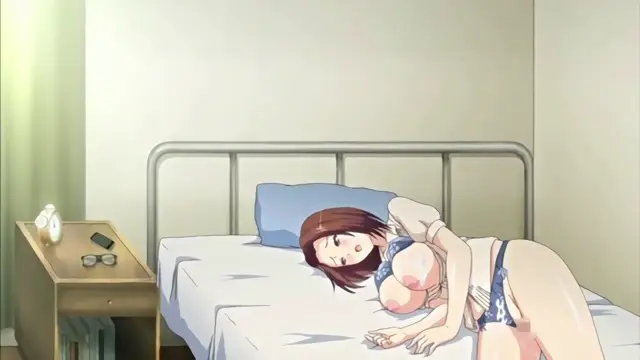 A brown-haired anime girl with large breasts lies face down on a bed in a white nightgown and blue panties, with her eyes closed. Screenshot from Chiisana Tsubomi no Sono Oku ni - Episode 1