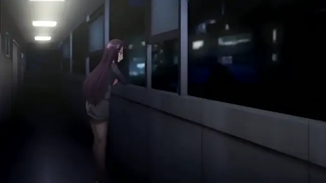 A woman with long red hair in a short skirt leans against a window in a dark hallway, looking out at the city lights at night. Screenshot from Chiisana Tsubomi no Sono Oku ni - Episode 1