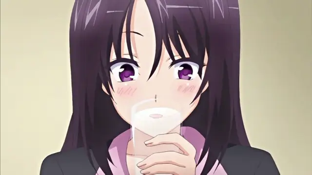 A blushing anime girl with long black hair and purple eyes holds a glass of water to her lips while looking forward. Screenshot from Chiisana Tsubomi no Sono Oku ni - Episode 1