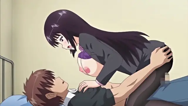 A woman in a black dress with large breasts leans over a man lying on a bed, while her breasts are exposed as she looks down at him with an aroused expression. Screenshot from Chiisana Tsubomi no Sono Oku ni - Episode 1
