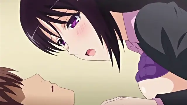 A close-up anime-style shot shows a woman with black hair and a blush on her face looking down at a man lying on his back, while she appears to be pressing against his body. Screenshot from Chiisana Tsubomi no Sono Oku ni - Episode 1
