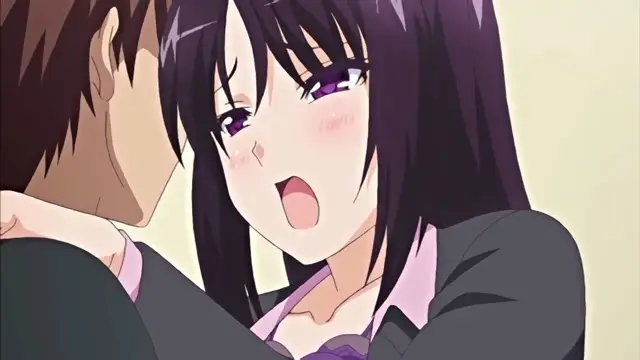 A long-haired anime girl with purple eyes and a blushing face looks surprised with her mouth open while being hugged and held close by a man from behind. Screenshot from Chiisana Tsubomi no Sono Oku ni - Episode 1