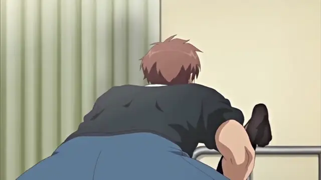 A male character with brown hair leans forward over a metal railing while a female character's buttocks are pressed against his face. Screenshot from Chiisana Tsubomi no Sono Oku ni - Episode 1