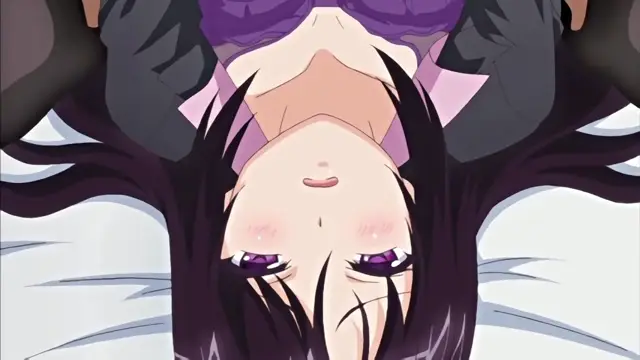 An anime girl with long purple hair lies flat on her back on a white surface with her head towards the viewer, wearing a purple top and pink and black sleeves while looking towards the camera with a dazed expression. Screenshot from Chiisana Tsubomi no Sono Oku ni - Episode 1