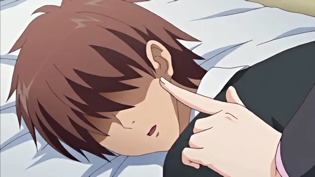 An anime girl with a finger pointing at the face of a sleeping boy with brown hair lying on a white bed. Screenshot from Chiisana Tsubomi no Sono Oku ni - Episode 1