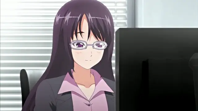 An anime woman with long purple hair and glasses sits in an office chair in front of a computer monitor, looking forward with a slight smile. Screenshot from Chiisana Tsubomi no Sono Oku ni - Episode 1