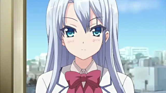 A high school girl with long silver hair and blue eyes wears a white and red school uniform, looking out of a window with a neutral expression. Screenshot from Chiisana Tsubomi no Sono Oku ni - Episode 1