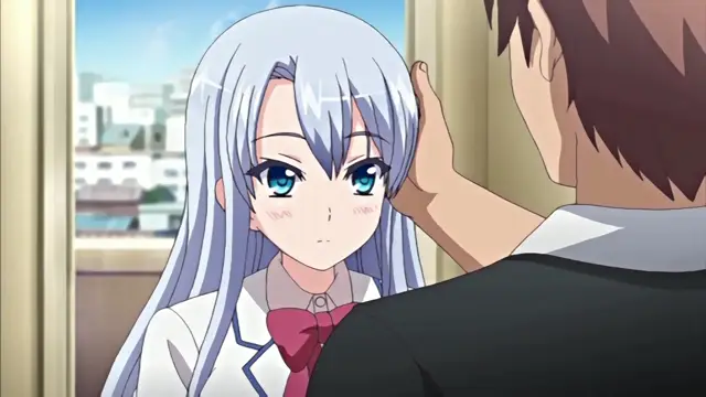 A high school boy with brown hair gently cups the face of a girl with long light-blue hair who is blushing and looking up at him while wearing a white school uniform with a red bow. Screenshot from Chiisana Tsubomi no Sono Oku ni - Episode 1