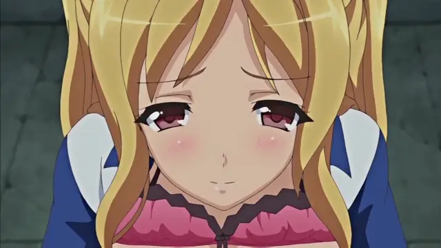 A close-up shot shows a blushing anime girl with long blonde hair and red eyes, crying with a distressed expression while wearing a blue and pink school uniform. Screenshot from Chiisana Tsubomi no Sono Oku ni - Episode 2
