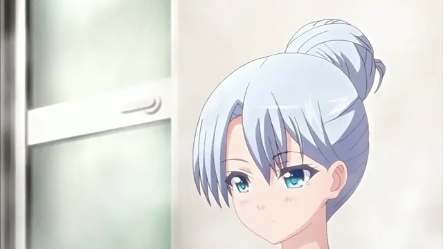 A light-haired anime girl with a slight blush on her cheeks looks towards the viewer with a surprised expression next to a door. Screenshot from Chiisana Tsubomi no Sono Oku ni - Episode 2