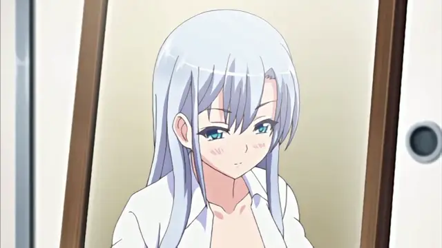 A close-up shot of a light-haired anime girl with blue eyes wearing a white open shirt, looking down with a blushing, embarrassed expression. Screenshot from Chiisana Tsubomi no Sono Oku ni - Episode 2