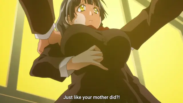 An anime girl with long grey hair and wide eyes is held from behind by a man in a suit while being pressed against a wall, with a subtitle reading "Just like your mother did?!". Screenshot from Kowaremono The Animation