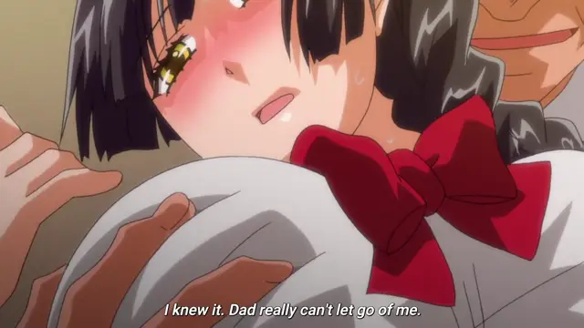 A blushing anime girl with dark hair and a red bow is being held from behind by a man, with the subtitle "I knew it. Dad really can't let go of me." appearing at the bottom. Screenshot from Kowaremono The Animation