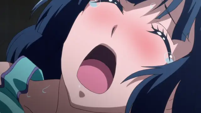 A close-up of a blushing anime girl with blue hair and open mouth crying with tears, looking extremely overwhelmed. Screenshot from Kowaremono The Animation