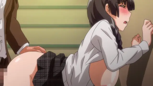 A schoolgirl with a braided hairstyle and a shocked expression is being bent over a desk by a man in a suit as her white shirt is pulled up, exposing her large breasts and buttocks. Screenshot from Kowaremono The Animation