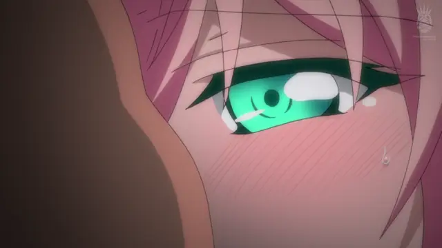 A close-up shot of a blushing anime girl with pink hair and green eyes, showing tears of pleasure as she is being penetrated. Screenshot from Aisei Tenshi Love Mary: Akusei Jutai - Episode 1