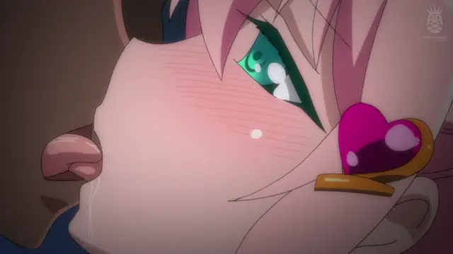 A close-up anime shot shows a blushing girl with pink hair and green eyes, wearing a heart-shaped earring, with saliva dripping from her mouth as she looks towards a man's face. Screenshot from Aisei Tenshi Love Mary: Akusei Jutai - Episode 1