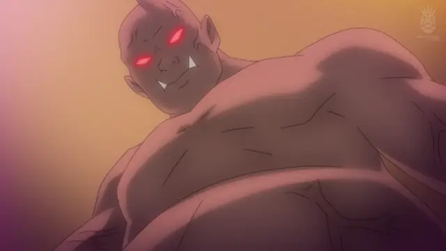 A large, muscular ogre with red eyes and fangs looms over the viewer with a menacing grin in this anime scene. Screenshot from Aisei Tenshi Love Mary: Akusei Jutai - Episode 1