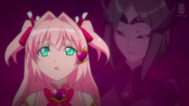 A pink-haired anime girl with large green eyes and heart-shaped hair ornaments stands in front of a smirking, horned demon-like man against a dark purple background. Screenshot from Aisei Tenshi Love Mary: Akusei Jutai - Episode 1