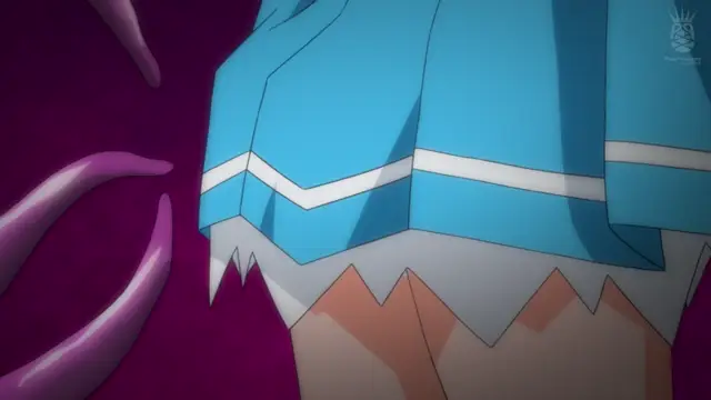An anime girl in a blue and white outfit with jagged white trim over her underwear is positioned next to large, purple, tentacle-like appendages against a dark background. Screenshot from Aisei Tenshi Love Mary: Akusei Jutai - Episode 1