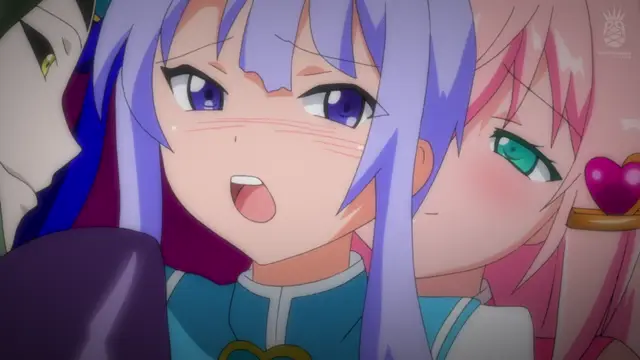 A blushing purple-haired anime girl with wide eyes and an open mouth looks surprised while positioned between a pale-skinned figure and a pink-haired girl with heavy blush and a heart-shaped hair ornament. Screenshot from Aisei Tenshi Love Mary: Akusei Jutai - Episode 1