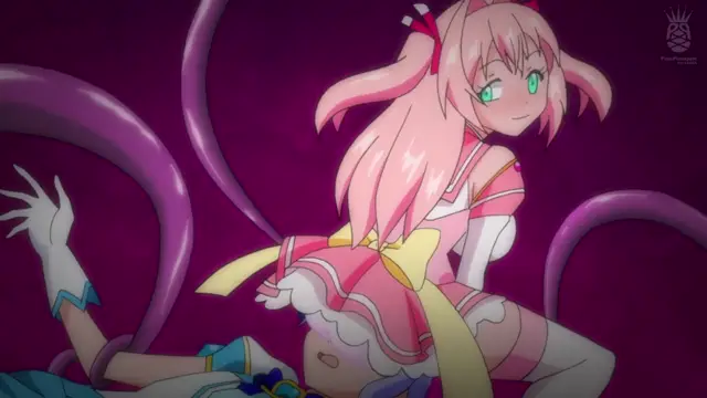 A pink-haired anime girl in a pink and white outfit is being restrained by large purple tentacles against a dark purple background. Screenshot from Aisei Tenshi Love Mary: Akusei Jutai - Episode 1