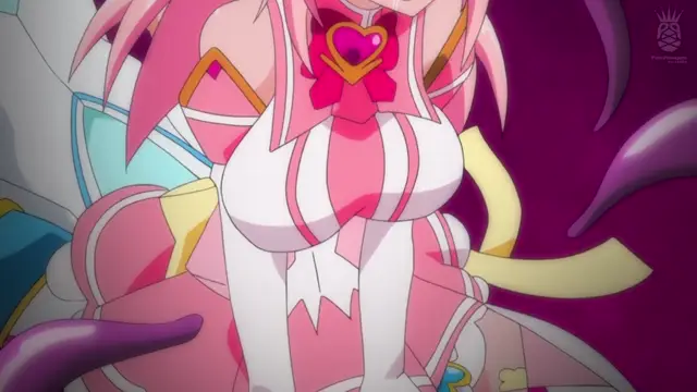 A close-up of an anime girl with long pink hair and a white and pink outfit with a heart emblem on her chest, standing in a purple-lit room. Screenshot from Aisei Tenshi Love Mary: Akusei Jutai - Episode 1