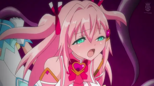 A pink-haired anime girl with large green eyes and a shocked expression is shown from the chest up, wearing a white and gold outfit with a red heart pendant, while a man's hand is visible on her shoulder in the background. Screenshot from Aisei Tenshi Love Mary: Akusei Jutai - Episode 1