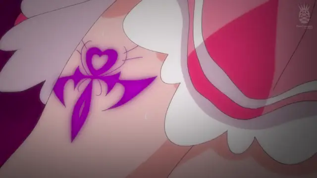 A close-up shot of a girl in a pink and white dress shows a purple heart-shaped tattoo on her thigh. Screenshot from Aisei Tenshi Love Mary: Akusei Jutai - Episode 1