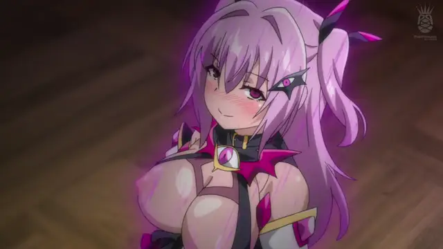A close-up shot features a blushing, anime-style girl with long pink hair, a gold choker, and a revealing outfit, looking off to the side with a lustful expression. Screenshot from Aisei Tenshi Love Mary: Akusei Jutai - Episode 2