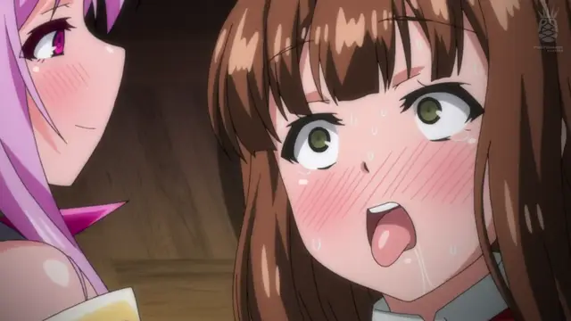 A blushing, wide-eyed anime girl with brown hair looks shocked and flustered as a purple-haired woman leans in close to her face in an intimate indoor setting. Screenshot from Aisei Tenshi Love Mary: Akusei Jutai - Episode 2