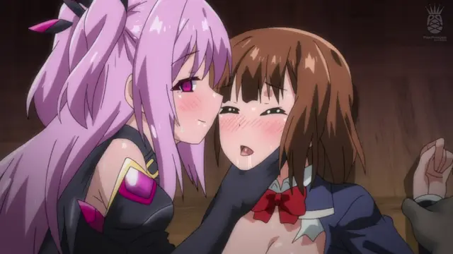 A girl with pink hair leans in close to a brown-haired schoolgirl whose clothes are pulled down to reveal her breasts, while the schoolgirl reacts with an embarrassed and wide-eyed expression. Screenshot from Aisei Tenshi Love Mary: Akusei Jutai - Episode 2