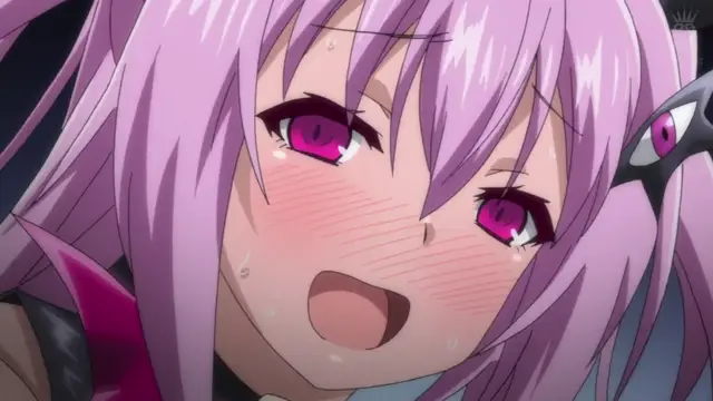 A close-up anime shot of a blushing girl with purple hair and pink eyes, looking dazed and panting with sweat on her face. Screenshot from Aisei Tenshi Love Mary: Akusei Jutai - Episode 2