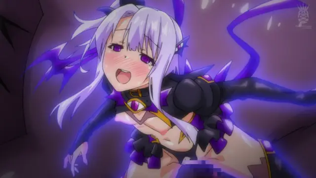 A blushing anime girl with long white hair and purple eyes, wearing a purple and black outfit, sits with her mouth open and eyes wide in a cave-like setting. Screenshot from Aisei Tenshi Love Mary: Akusei Jutai - Episode 2