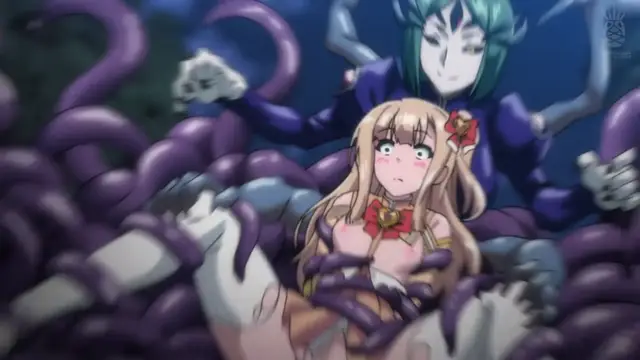A blonde anime girl with blushing cheeks is tied up and being restrained by purple tentacles from a multi-armed creature behind her. Screenshot from Aisei Tenshi Love Mary: Akusei Jutai - Episode 2