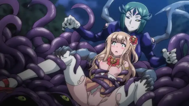 A blonde girl in a bikini is being grabbed and restrained by multiple purple tentacles and a blue-skinned, white-faced creature with glowing eyes. Screenshot from Aisei Tenshi Love Mary: Akusei Jutai - Episode 2