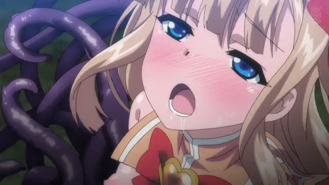 A blonde anime girl with large blue eyes and a blushing face looks shocked and overwhelmed as dark, slimy tentacles surround her. Screenshot from Aisei Tenshi Love Mary: Akusei Jutai - Episode 2