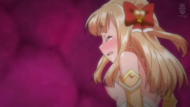 A blushing anime girl with blonde hair and a red bow on her head looks down with a dazed expression against a dark pink background. Screenshot from Aisei Tenshi Love Mary: Akusei Jutai - Episode 2