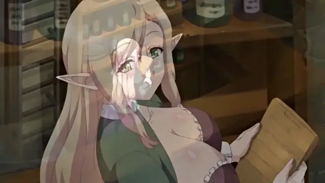 An elf woman with long light brown hair and pointed ears sits in a dimly lit room, looking at a small notebook in her hands. Screenshot from Isekai Harem Monogatari - Episode 1