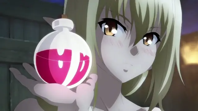 A blushing anime girl with long light green hair holds a round, white and pink bottle filled with liquid in her hands while looking at it with a surprised expression. Screenshot from Isekai Harem Monogatari - Episode 2
