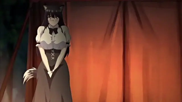 A black-haired cat girl with cat ears and a tail wearing a white frilly blouse and a long brown skirt stands in front of an orange curtain. Screenshot from Isekai Harem Monogatari - Episode 3