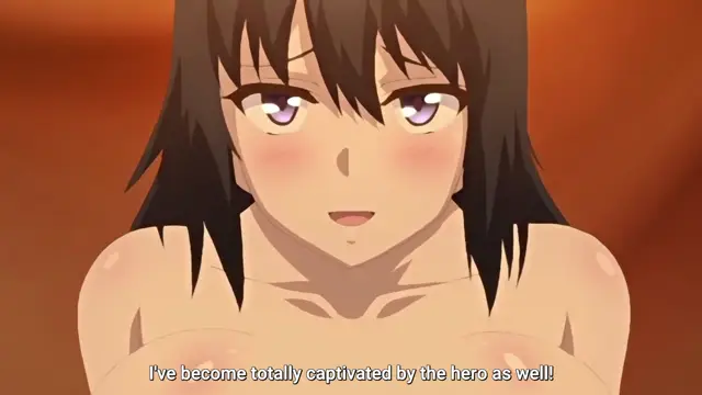 A blushing anime girl with black hair and a dazed expression looks at the viewer while nude, with subtitles that read, "I've become totally captivated by the hero as well!". Screenshot from Isekai Harem Monogatari - Episode 4