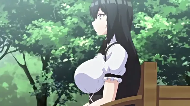 A black-haired anime girl with a large chest in a maid outfit sits on a wooden bench in a lush green forest. Screenshot from Isekai Harem Monogatari - Episode 4