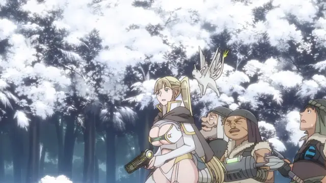 A blonde woman in a white and gold bikini-style outfit with large breasts stands in a snowy forest, flanked by three men and a white bird. Screenshot from Kohakuiro no Hunter - Episode 1