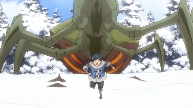 A small, blue-haired anime boy in a winter coat runs toward the viewer in a snowy forest while a massive, mechanical green crab-like robot looms behind him. Screenshot from Kohakuiro no Hunter - Episode 1