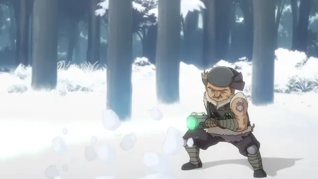 An older, muscular man with a beard and a blue helmet crouches in a snowy forest while holding a glowing green laser gun. Screenshot from Kohakuiro no Hunter - Episode 1